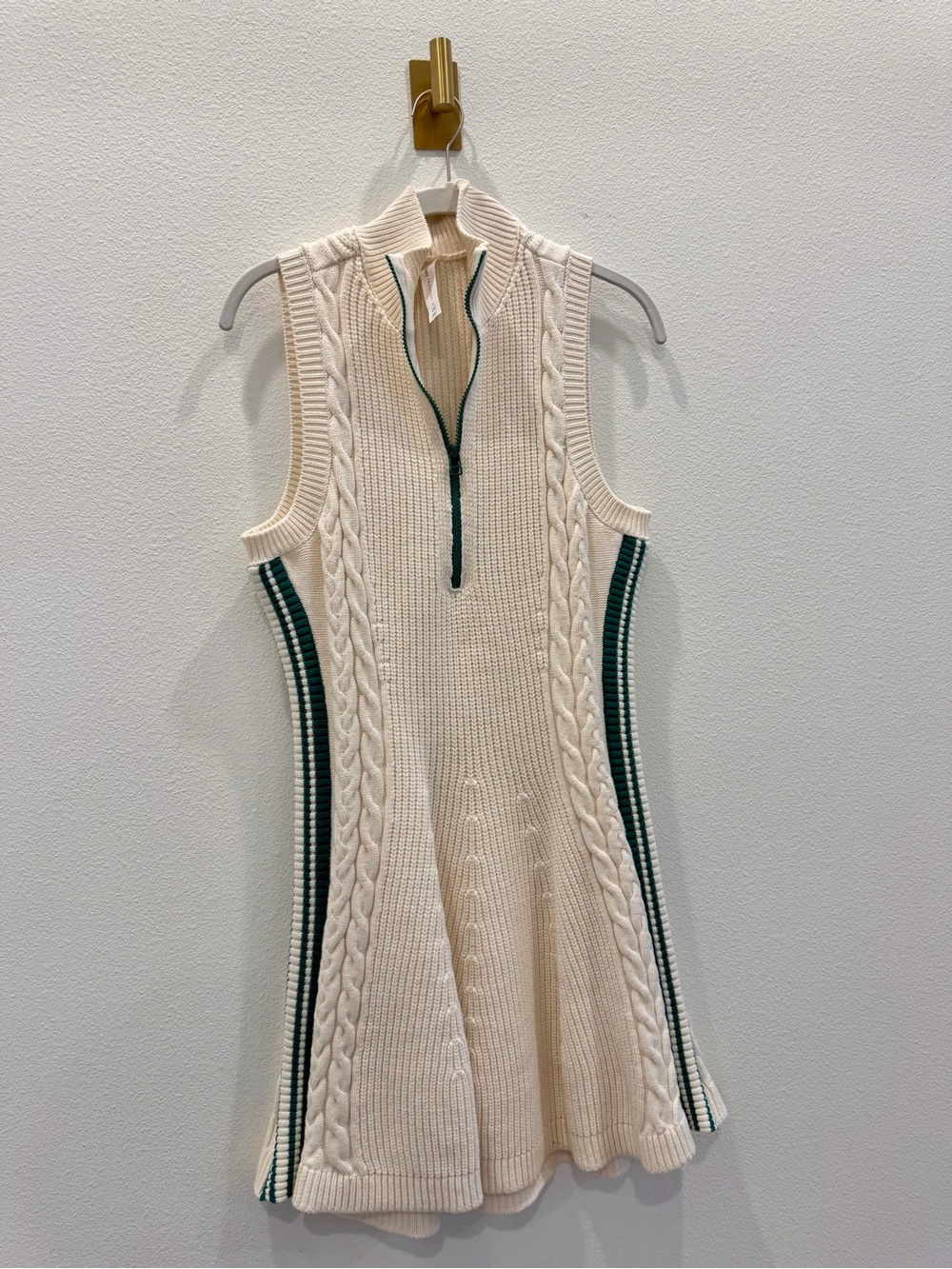 Anthropologie daily Practice Sleeveless Cream Cable-Knit Dress with Green Trim